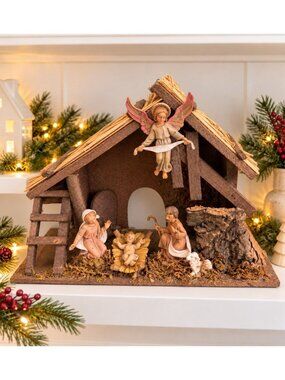 Vintage Fontanini Italy Nativity Stable Holy Family Gloria Angel Straw Roof 11.7